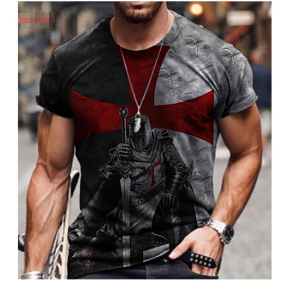Men's Graphic Print T-Shirt Crusader Knight with Helmet & Sword Crew Neck